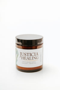 Justicia Healing Pyrite crystal infused candle for purity and protection