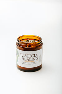 Justicia Healing Pyrite crystal infused candle