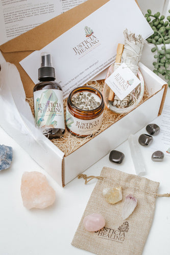 Justicia Home Cleansing and Blessing kit with candle, body and room spray, crystals, smudge kit and step by step instructions